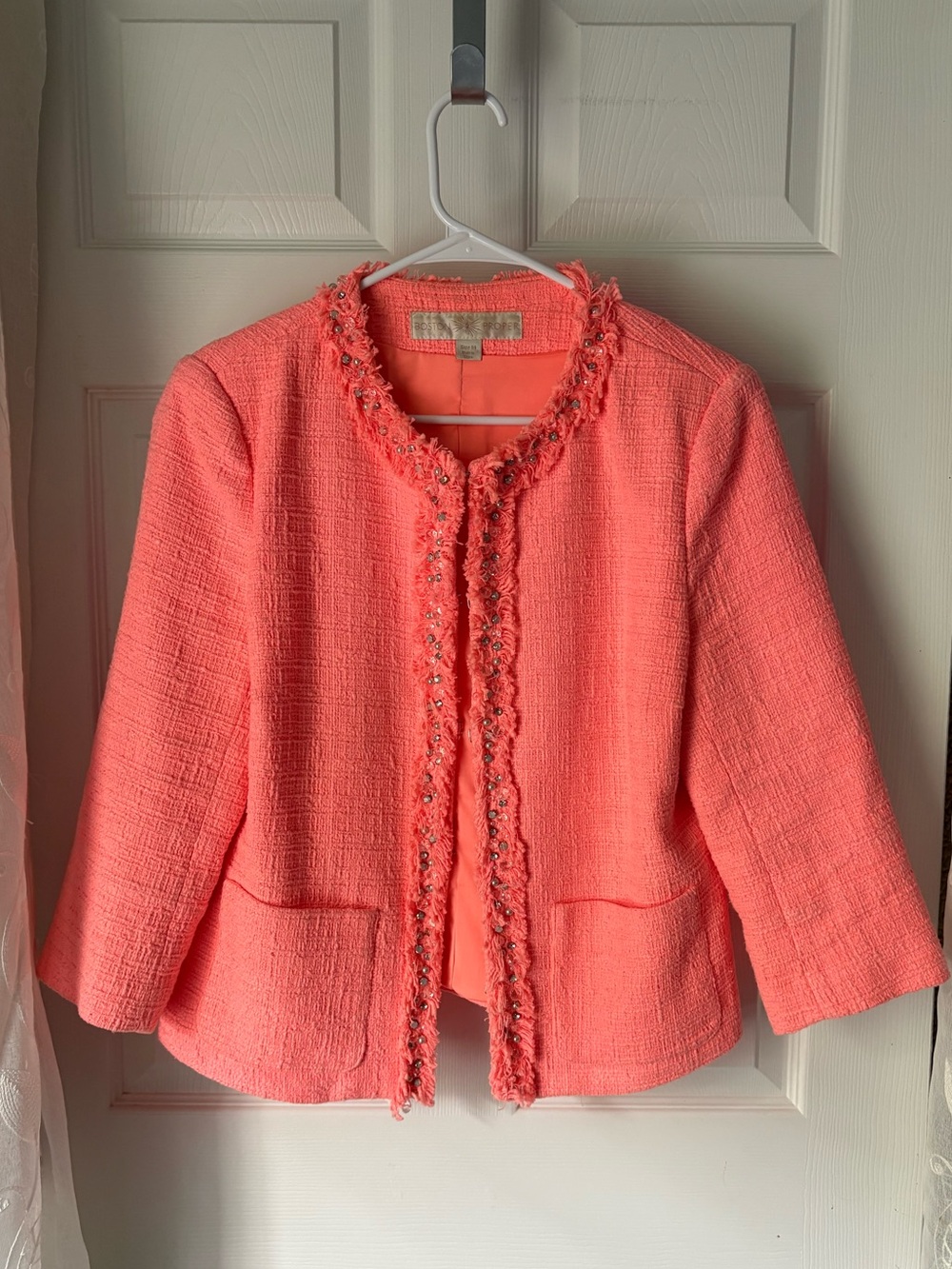 Boston Proper coral peach tweed jacket fringed trim beaded embellishments sz 14